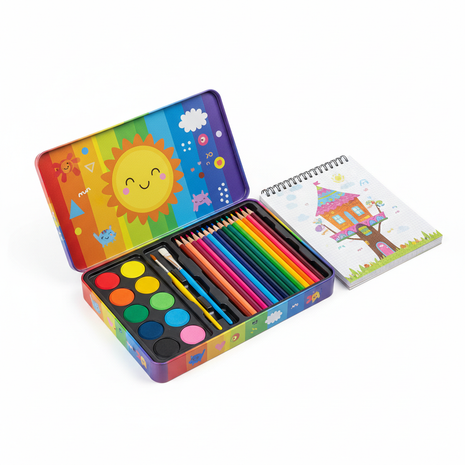 LittleArtist Kids Art and Craft Kit with watercolors pencils and sketchbook in tin case