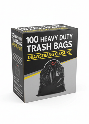 Box of 100 heavy duty black drawstring trash bags