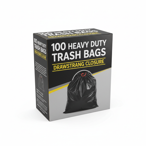 Box of 100 heavy duty black drawstring trash bags