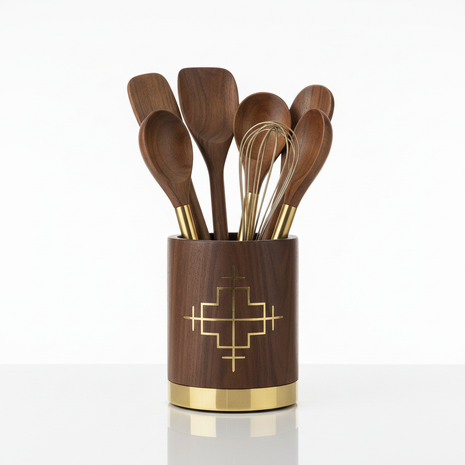 Premium wooden utensil holder with brass accents