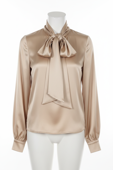 Champagne Satin Tie-Neck Blouse
