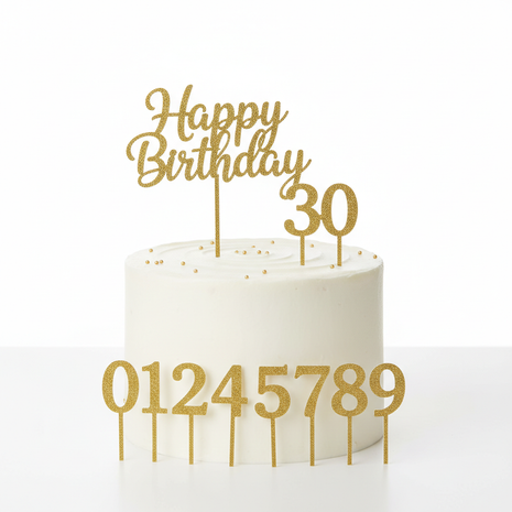 Gold glitter Happy Birthday cake topper set with number toppers