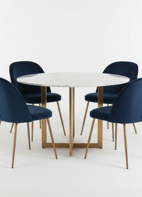 Round Marble Dining Table with 4 Velvet Accent Chairs