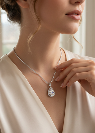 Diamond Teardrop Pendant Necklace worn on model