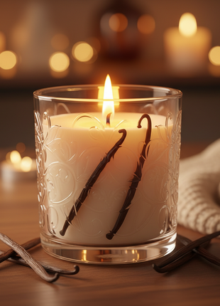 Vanilla Bean Bliss scented candle in glass jar with vanilla beans