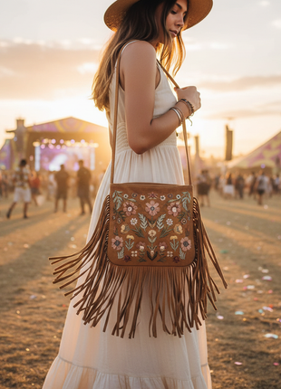 Boho fringe crossbody bag in tan suede with embroidered floral details