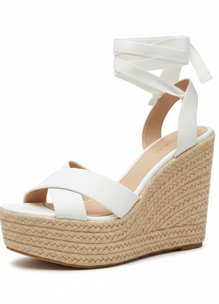 Women's white platform wedge espadrille sandals with ankle tie ribbon