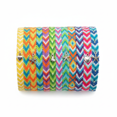 Set of 10 colorful woven friendship bracelets in summer rainbow colors