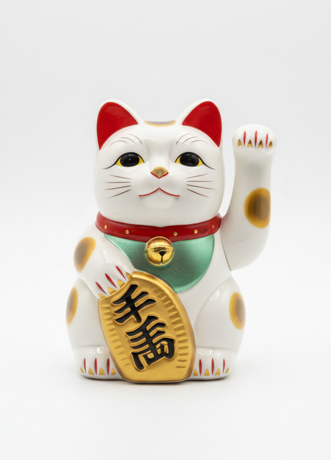 Maneki-Neko Lucky Cat Figurine — White & Gold Beckoning Cat