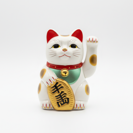 Maneki-Neko Lucky Cat Figurine — White & Gold Beckoning Cat