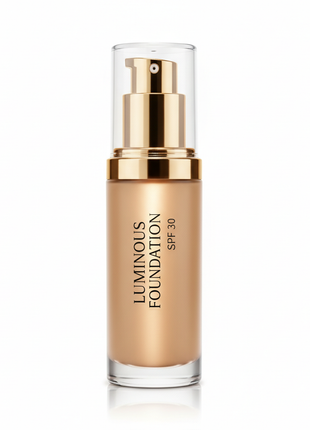 Sleek glass pump bottle of luminous foundation with golden cap on white background
