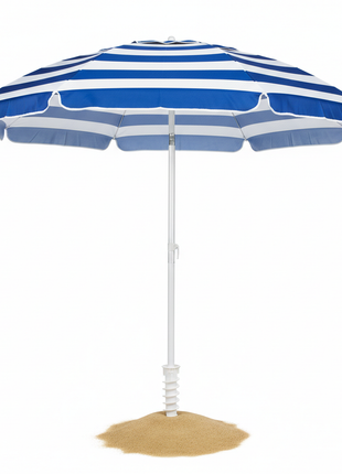 Beach Umbrella Deluxe with blue and white stripes on sandy beach