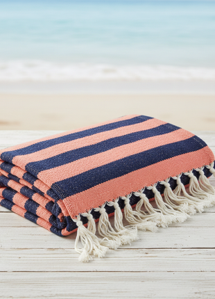 Navy blue and coral stripe boho cotton beach mat with tassel fringe