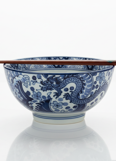 Japanese Ceramic Ramen Bowl — Hand-Painted Blue & White