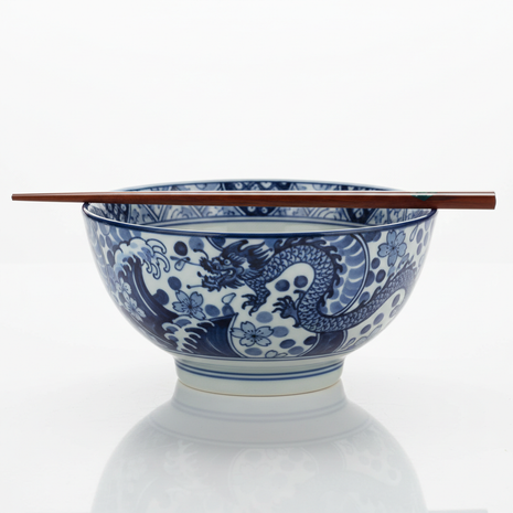 Japanese Ceramic Ramen Bowl — Hand-Painted Blue & White