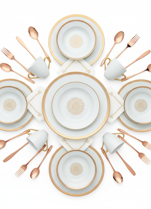 Luxury Gold Dining Bundle with plates mugs and rose gold flatware