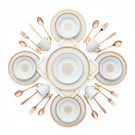 Luxury Gold Dining Bundle with plates mugs and rose gold flatware