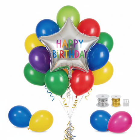 Birthday balloon bouquet kit with colorful latex and foil balloons
