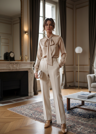 Champagne Satin Tie-Neck Blouse