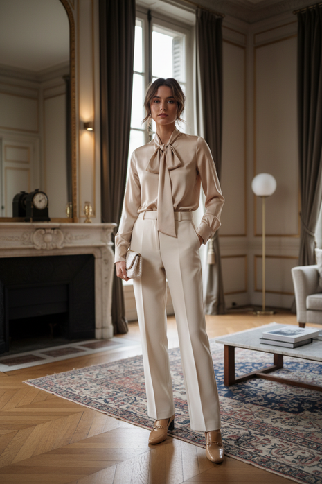 Champagne Satin Tie-Neck Blouse