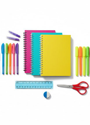 Colorful school supplies kit with notebooks, pens, highlighters, ruler and scissors