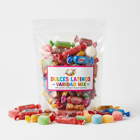 Assorted Latin candies mix bag with colorful Mexican and Caribbean sweets