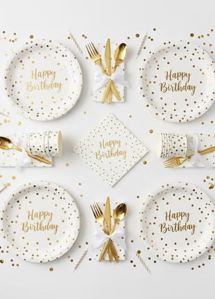 Birthday party tableware set for 16 with gold confetti plates cups napkins and cutlery
