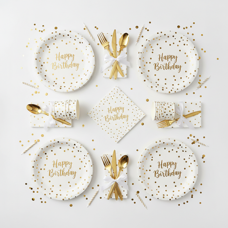 Birthday party tableware set for 16 with gold confetti plates cups napkins and cutlery