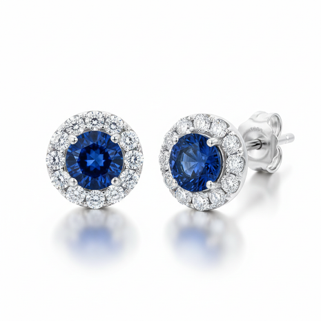 Sapphire Halo Stud Earrings with diamond accents