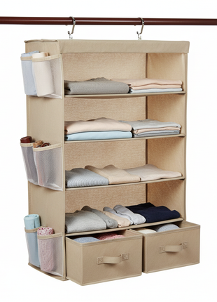 Hanging fabric closet organizer with multiple shelves