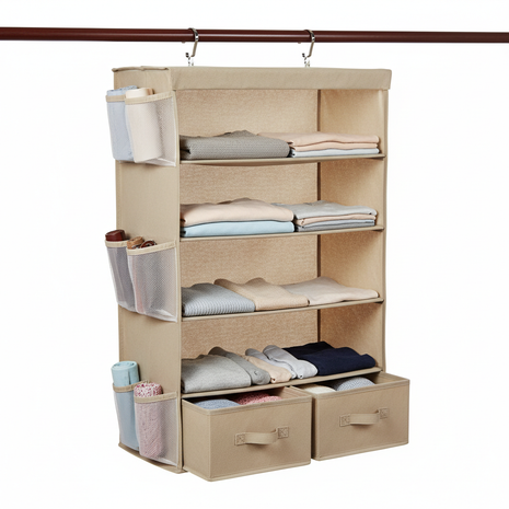 Hanging fabric closet organizer with multiple shelves