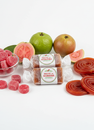 Guava snacks assortment with guava paste bars, candy, and fruit rolls