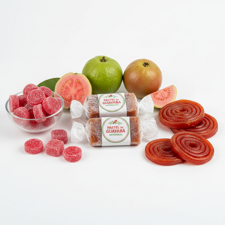 Guava snacks assortment with guava paste bars, candy, and fruit rolls