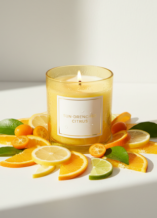 Citrus Sunrise scented candle in yellow jar with sliced citrus fruits