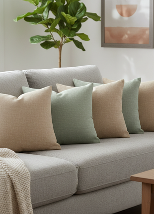Set of 4 linen throw pillow covers in earth tones on a couch
