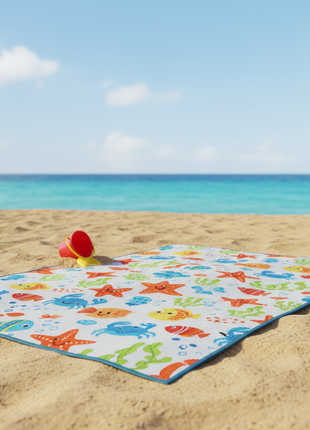 Colorful kids beach mat with cartoon sea creatures including starfish crabs and fish