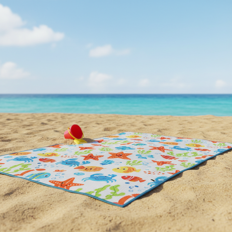 Colorful kids beach mat with cartoon sea creatures including starfish crabs and fish