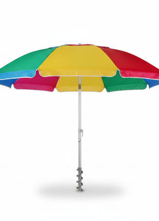 Large colorful striped beach umbrella with sand anchor