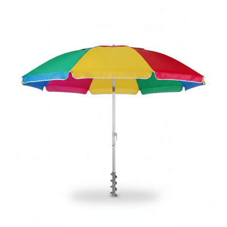 Large colorful striped beach umbrella with sand anchor