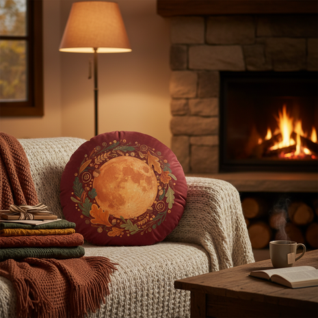 Harvest Moon Throw Pillow with velvet texture on cozy sofa
