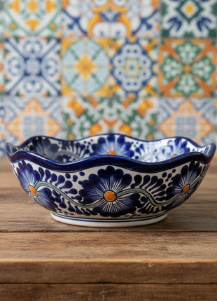 Mexican Talavera Ceramic Serving Bowl – Hand-Painted Cobalt Blue