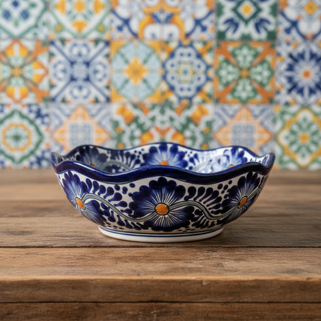Mexican Talavera Ceramic Serving Bowl – Hand-Painted Cobalt Blue