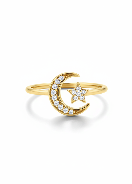 Women's Crescent Moon & Star Midi Ring – Gold