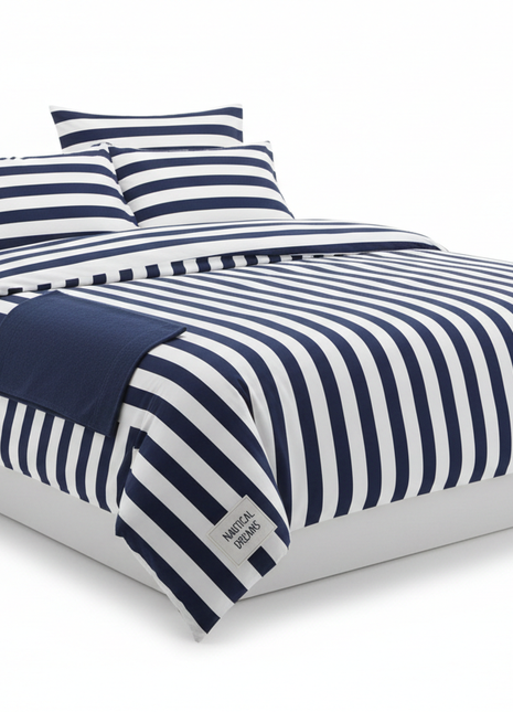 Navy Blue & White Striped Cotton Bedsheet Cover Set