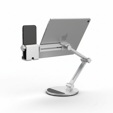Adjustable aluminum phone and tablet stand in silver on white background, foldable desk holder