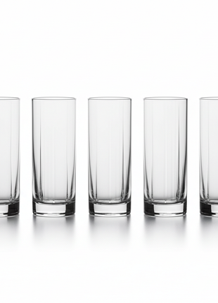 Set of 6 crystal clear ribbed highball glasses arranged in a row