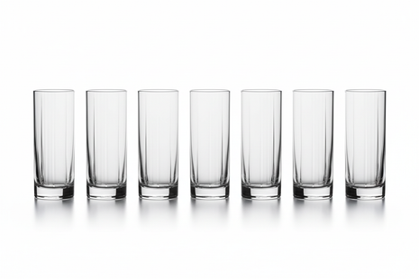 Set of 6 crystal clear ribbed highball glasses arranged in a row