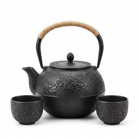 Japanese Cast Iron Teapot — Tetsubin with Trivet & Cups