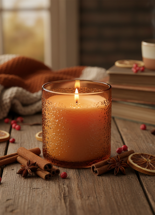 Cinnamon Spice scented candle in amber jar with cinnamon sticks