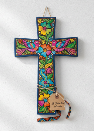 Salvadoran Hand-Painted Folk Art Wooden Cross – Floral & Bird Design